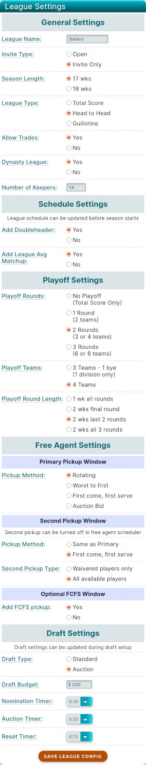 League Setup Screenshot